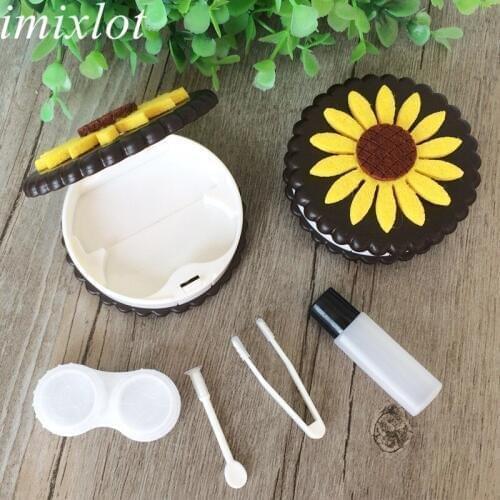 Imixlot New Fashion Cute Sunflower Pattern Contact Lens Case for Women Girls Portable Eyes Care Kit Holder Container with Mirror