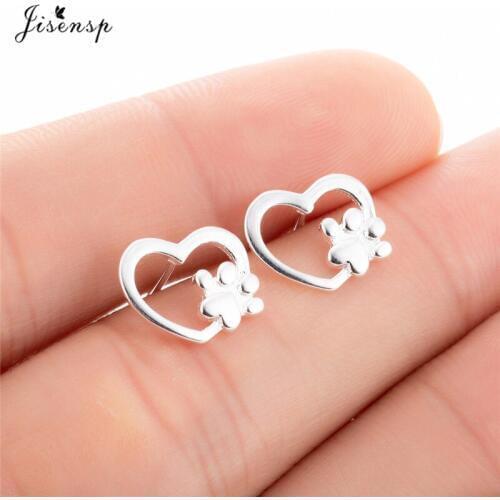 Jisensp Cartoon Dog Paw Earrings for Women Small Fashion Earings Jewelry Metal Cat Heart Stud Earring Ear Piercing Girl oorbelle
