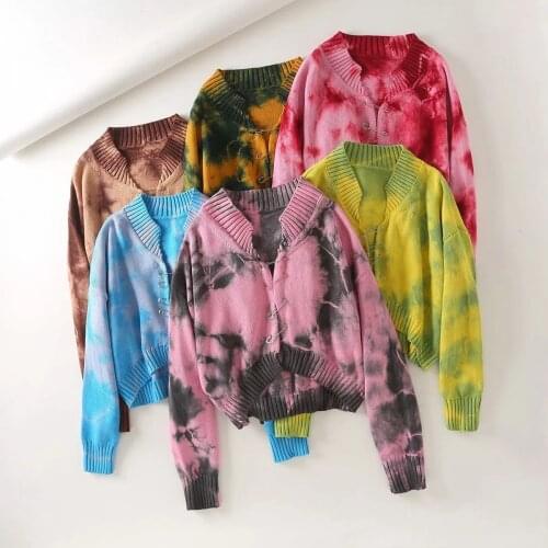 2021 Ins Fashion Women Knit Cardigans Long Sleeve Women Fashion Cardigans Tie Dye Sweaters