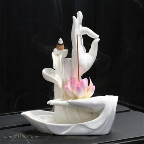 Ceramic Backflow Incense Burner Tathagata Buddha Lotus Incense Cones Stick Holder Smoke Waterfall Creative Home Indoor Decor