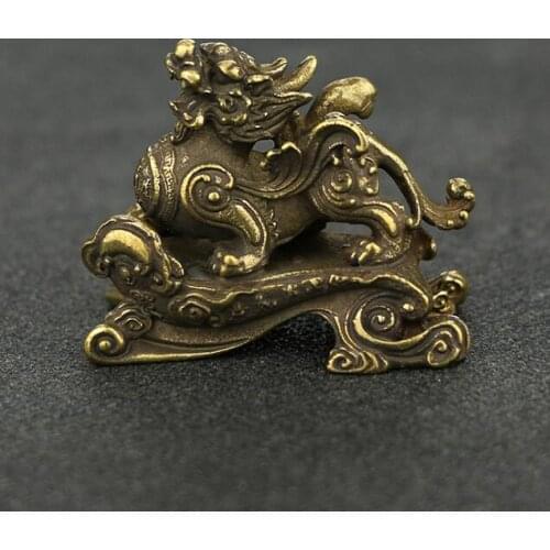 Collection Chinese Brass Carved Animal Unicorn kylin Auspicious clouds Exquisite Small Statue Gift