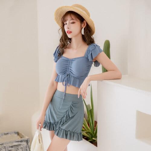 Bikini Sets Women Swimsuit Pleated Ruffles Preppy Style High Waist Soft Sexy Sleeveless Beachwear Korean Fashion Solid Swimwears