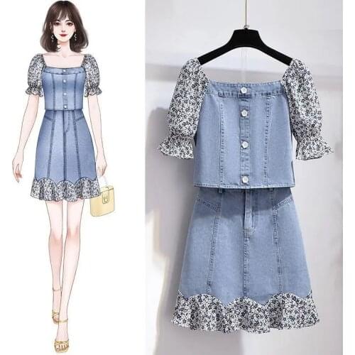 Denim skirt suit summer 2021 new Korean retro one-line collar top floral stitching high waist A-line skirt two-piece suit