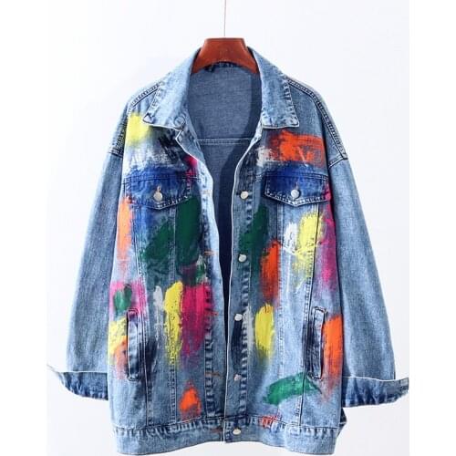 Streetwear Fashion Multicolor Graffiti Denim Jacket Women Outwear Autumn Loose Mid Long Jeans Jacket Coat Female Chaquetas Mujer