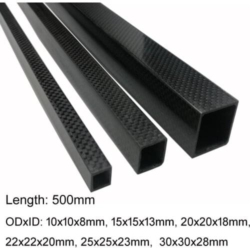 1pc 3K full carbon fiber square tube high strength length 500mm OD 10mm 15mm 20mm 22mm 25mm 30mm Glossy Surface