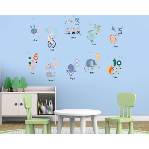 Cartoon Animal Number Wall Stickers for Kids Room Childern Bedroom Decor Aesthetic Wall Decals Nursery Mural Decoration Art