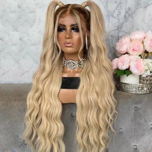 Natural Wave Ombre Blonde Transparent Lace Front Synthetic Hair Wigs for White Women 180Density 26Inch Long Glueless Wigs