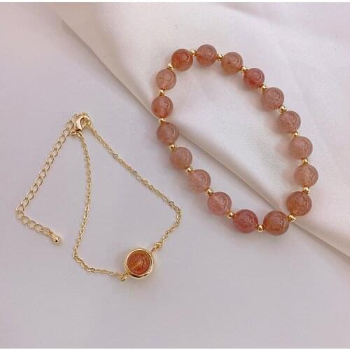 2020 New Natural Stone 2pcs Bracelet Strawberry Crystals Beaded Bracelet Elastic and Lobster Clasp Chain Bracelet for Women
