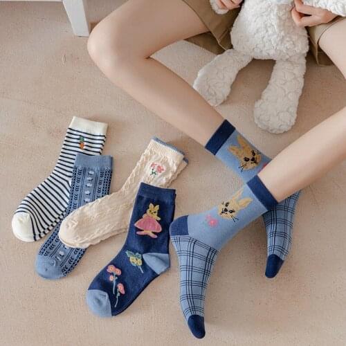 New Fashion Cute Anime Women Long Socks Cotton Striped Designer Women Underwear Kawaii Harajuku Retro Floral Women Long Socks