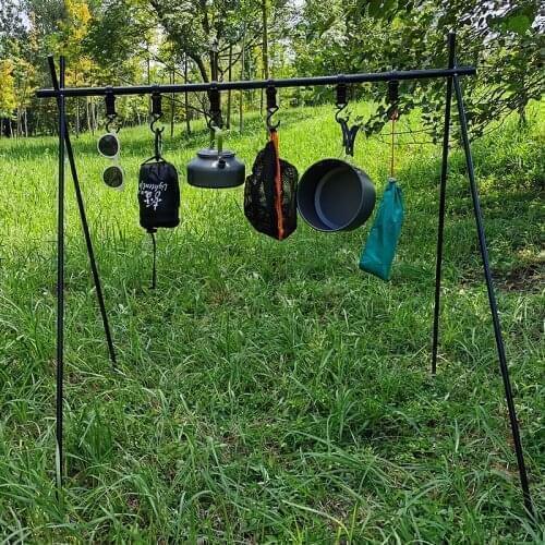 Portable Outdoor Hanging Rack Camping Hiking Cooker Sundry Storage Hanger Triangle Shelf Pot Pan Cookware Lamp Holder Hooks