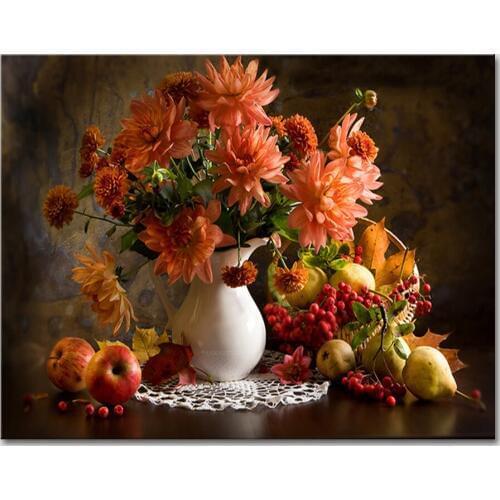100% Handwork Gift Set Of Flower And Apple Still Life Oil Painting On Canvas Wall Art Picture For Home Decoration Wall Decor
