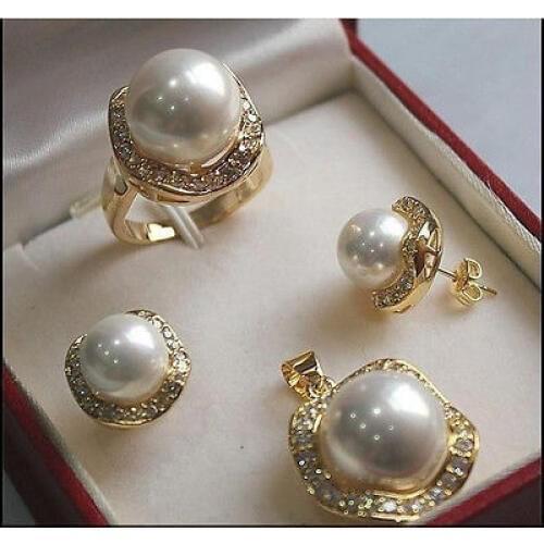 Free shipping 10mm &14mm White South sea Shell Pearl Earrings Necklace Ring Set AAA style Fine Noble real Natural