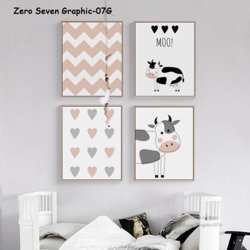 Nordic Children Pink Gray Cartoon Cow "LOVE" Letter In The Heart Canvas Wall Art Painting Print Poster For Baby Room Decoration