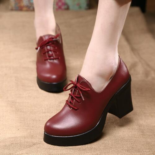2019 new spring autumn casual high-heeled shoes Lace-Up sexy thick heels platform pumps Black wine red brown
