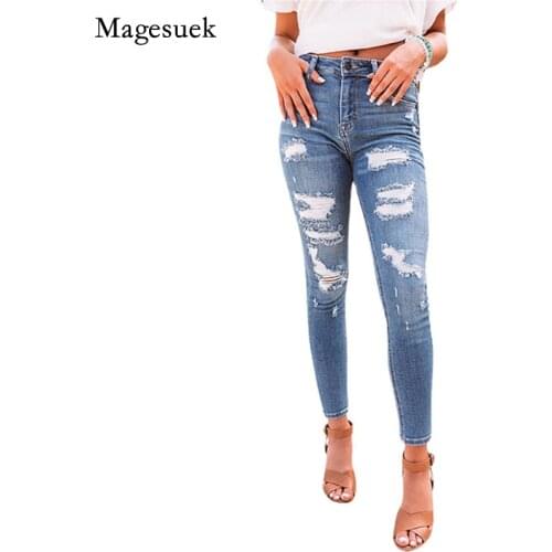 Skinny Jeans for Women Elastic High Waist Jeans with Holes Full Length Jeans Pencil Pants Solid Denim Jeans Women Trousers 16223