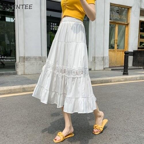 Skirts Women Sweet Girls Princess Style BF Hollow Out Elegant Tender Empire Solid A-line Mid-calf Bottoms All-match Casual Mujer