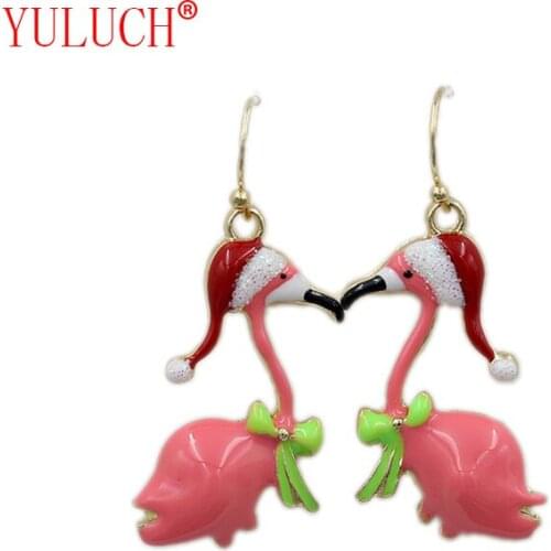 YULUCH New Super Cute Pink Christmas Flamingo Pendant for Sweet Fashion Woman Jewelry Zinc Alloy Earrings Party Gift