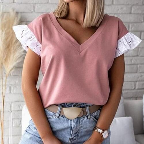 T-shirt Solid Color V Neck Women Short Ruffle Sleeve Blouse Top for Summer