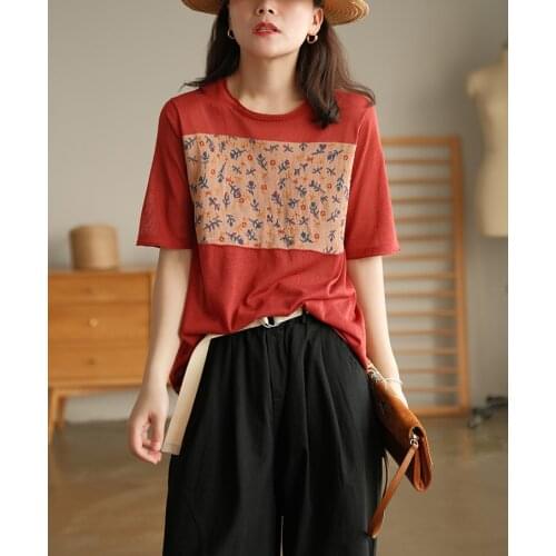 2021Summer Tshirts Women Floral Embroidery Patchwork Loose Female Fashion Knit Tops Thin