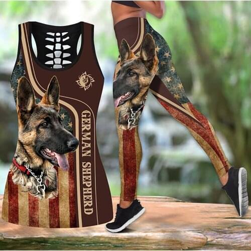 Womens Over Printed Yoga Suit Cerman Shepherd 3D Printing Hollow Vest Tank Top High Waist Leggings Sports Ladies Suit