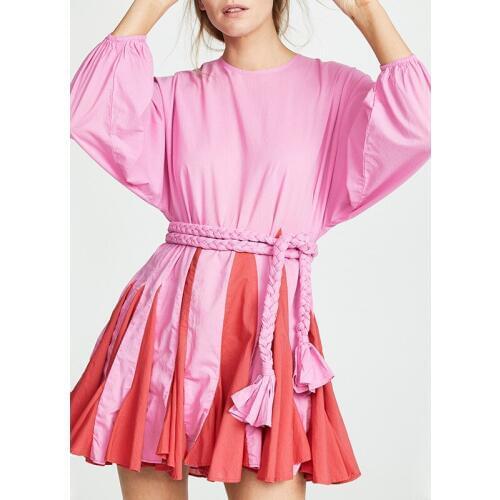 2019 New Wrinkled Underside Sashes Patchwork Seaside Holiday Dress Fashion Beach Women Mini Dress