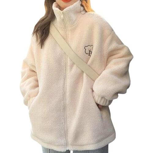 Winter Letter Pink Zippercoat Lamb Wool Keep Warm Mid-length Women Sweatshirt Embroidery Cute Biscuit Bear Fashion Lady Pullover