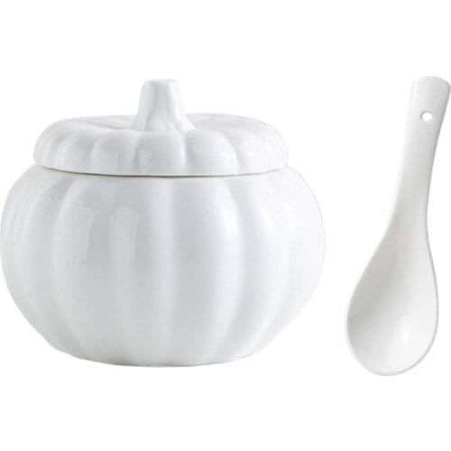 1 Set Of Stew Bowl With Spoon Ceramic Bowl With Lid Pumpkin Bowl Steamed Can Stew Cup BirdS Nest Tonic Soup Steamed Egg Bowl