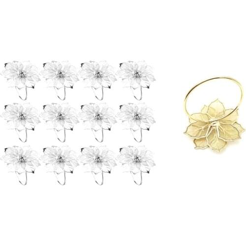 10Pcs Flower Design Napkin Rings Metal Gold Napkin Buckle & 12 Pcs 3D Floral Metal Napkin Rings Holder