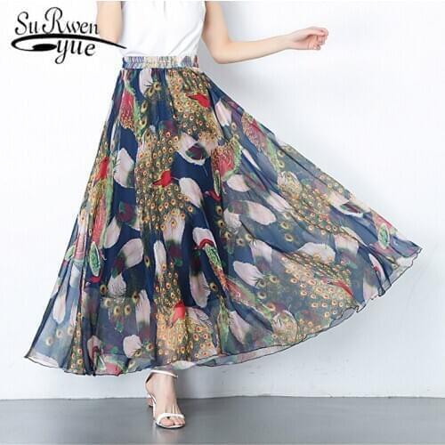 2021 Summer High Waist A- Line Skirt Slim Fit Large Size Printed Chiffon Skirt Bohemian Holiday Big Swing Skirt 8826 50
