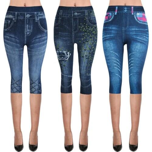 2021 Womens Fitness Gym Sport Pants Imitation Cowboy Yoga Sport Printed High-waist Elastic Cropped Trousers Pantalones De Mujer