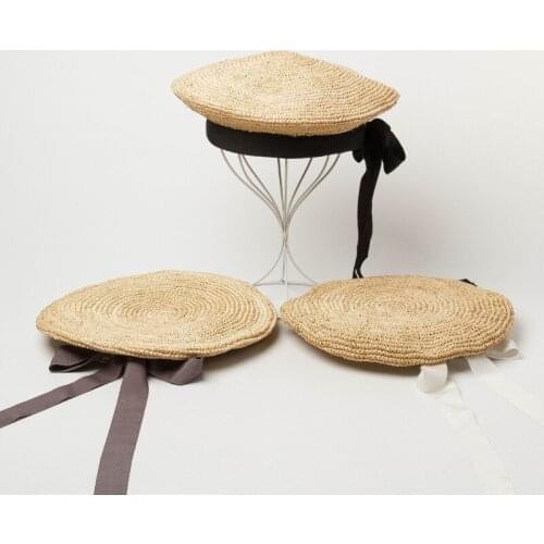202106-HH7282 summer fashion handmade raffia long black bowknot lady beret cap women leisure Painter Professor hat