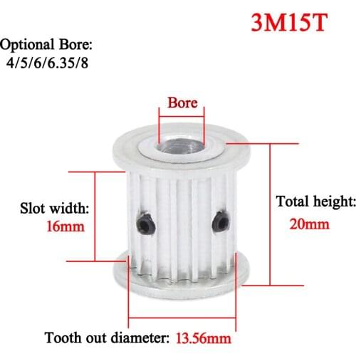 3PCS/Kit HTD3M 15T Timing Belt Pulley 4/5/6/6.35/8mm Bore Gear Pulley 15Teeth 3M15T 15mm Width Transmission Pulley Aluminum