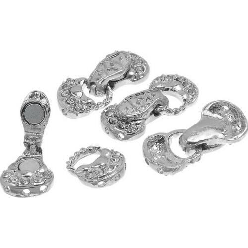 5Sets Silver Tone Flower 3 Holes Clear Rhinestones Magnetic Clasps For Charms Bracelets Jewelry Findings 13x26mm