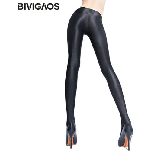 BIVIGAOS Womens Shiny Black Leggings Gloss Pants Shaping Workout Leggings Chinlon Elastic Sexy Legging Pantyhoses For Women