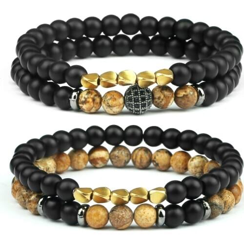 2pc Black Onyx Lava Rock Bracelets Copper Beads Pave Ball Minimalist Yoga Tiger Eye Stone Beaded Bracelet Wristband Mala Jewelry