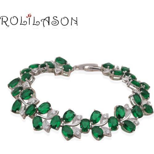 ROLILASON vintage noble plants design green zircon silver bracelet wedding items Health Fashion jewelry TB433