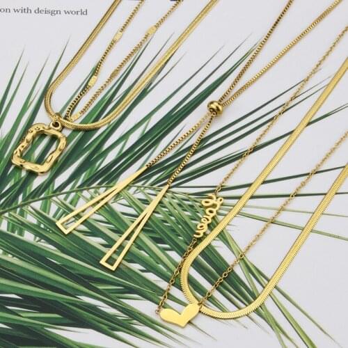 Trendy High-Quality Titanium Steel Double Layer Necklace Heart Triangle Necklace Round Gold Clavicle Chain For Women Girl Choker