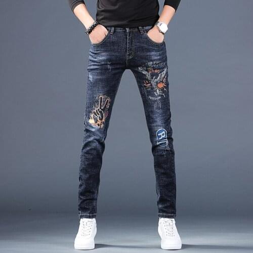 Fashion Printed Mens Jeans Black Blue Slim Fit Pencil Pants Streetwear Stretch Denim Trousers