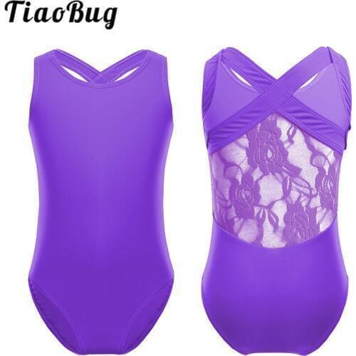 TiaoBug Girls Floral Lace Back Stretchy Sports Bodysuit Ballet Gymnastics Leotard Kids Stage Dance Costume Children Dance Wear