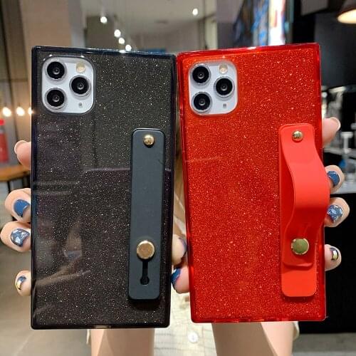 Fluorescent Glitter Square Phone Case For iPhone 11 12 Pro Max XR XS Max 7 8 6 Plus Soft TPU Phone Back Cover With Wrist Strap