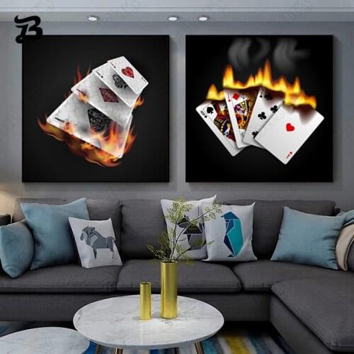 Burning Playing Cards Canvas Painting Wall Art Spades Plum Blossom Red Heart Cube Posters Prints Wall Pictures for Living Room