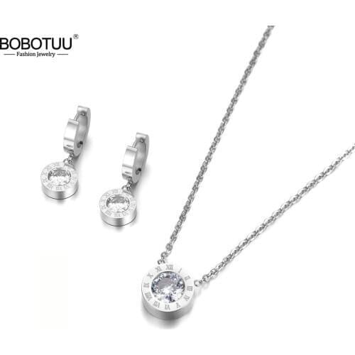 BOBOTUU Roman Numerals Cubic Zirconia Pendant Necklace Earrings Ring Jewelry Sets Titanium Steel For Wedding Bands BSE007P