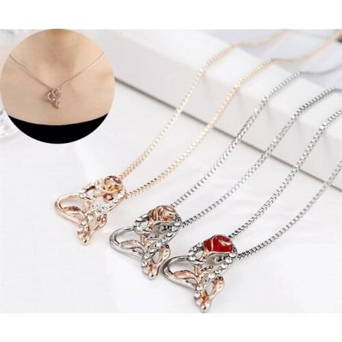 Rose Flower Necklace Heart Pendant Jewelry birthday Wife Gift for Mom Daughter