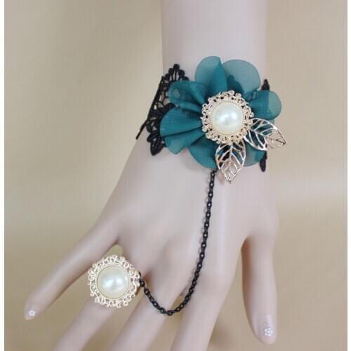 Pretty Design Green Farbic Flower Pearl Cabs Women`s Fashion Lace Bracelet Ring Set