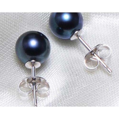 Free shipping 8mm natural tahitian black blue gray round AAA pearl earring 14k/20