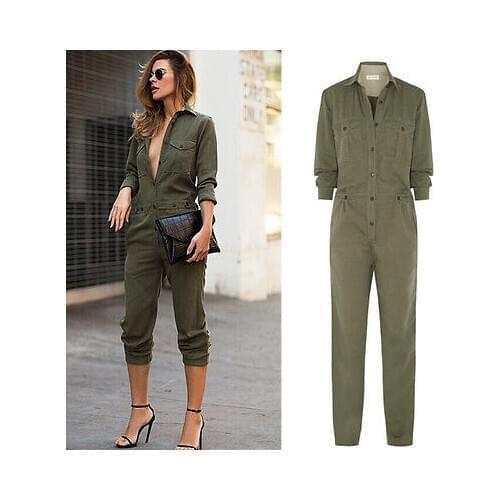 Hot Sale Ladies Sexy Vintage Romper Long Pants Women Slim Bodycon Jumpsuit Long Sleeve Army Green Solid Casual Cargo Pants