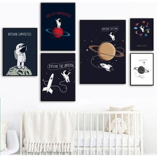 Cartoon Planet Star Rocket Spaceman Space Travel Wall Art Canvas Painting Nordic Posters And Prints Wall Picture Kids Room Decor