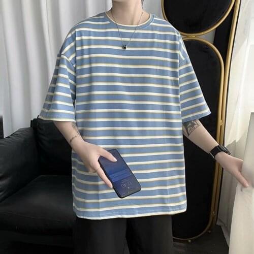Plus Size T Shirt for Men Summer Striped Short Sleeve O Neck Korean Harajuku Streetwear Vintage Couple Clothing Male Cotton Tops