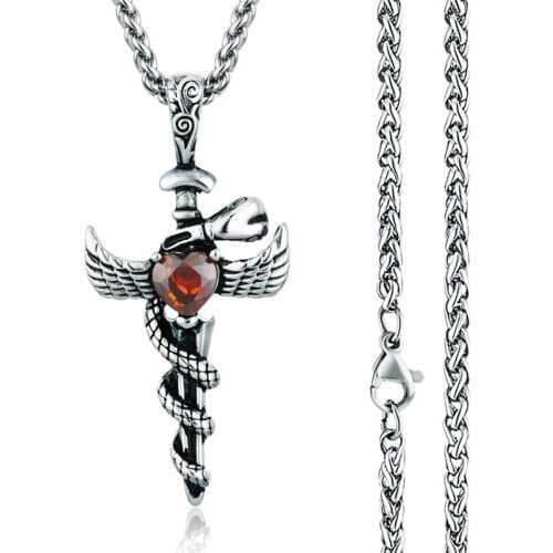 Mens Stainless steel Knight Snake winding Sword Necklaces Punk Unique Charm Saint Sword & Snake Red Heart Necklaces