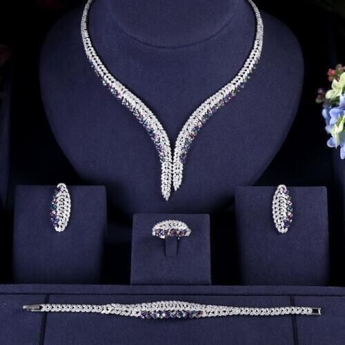 Janekelly Nigeria 4pcs Bridal Zirconia Jewelry Sets For Women Party, Luxury Dubai Nigeria CZ Crystal Wedding Jewelry Sets